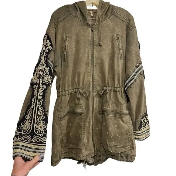FREE PEOPLE Golden Quills Military Parka Jacket Coat Green Rhinestones M RARE - Picture 4 of 16
